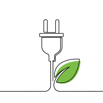 L&iacute;nea continua de un enchufe el&eacute;ctrico con un s&iacute;mbolo de hoja verde