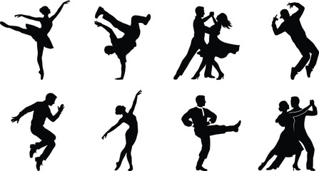 Set of silhouette dance icons featuring ballet dancers breakdancer ballroom couple and street performers © MStRehena