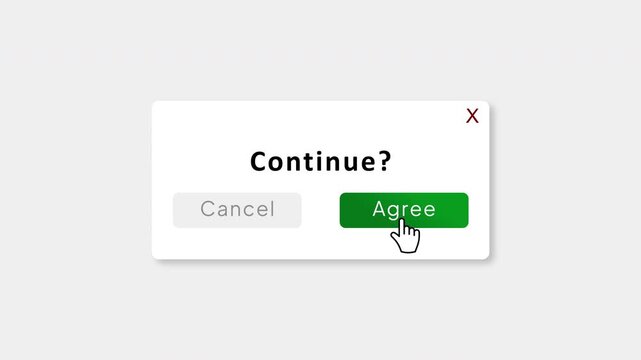 Continue Confirmation Popup Animation with Agree Button Click, User Consent Dialog, Confirmation Request, User Interface Notification