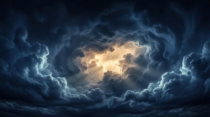 Dramatic glowing light breaking through dark stormy clouds in a mysterious night sky background