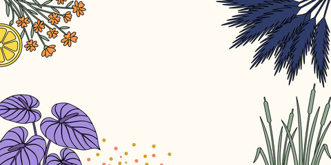 Botanical Jungle Corner Frame with Purple Leaves Orange Flowers and Cattails—Ideal for Boho Card and Background Design © Selia