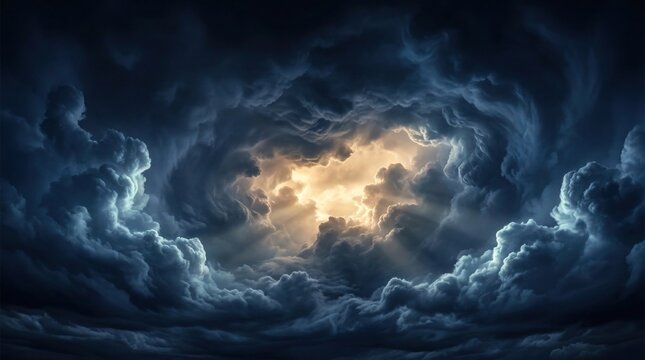 Dramatic glowing light breaking through dark stormy clouds in a mysterious night sky background