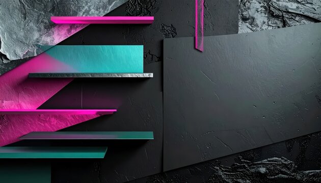 Vibrant Neon Pink Cyan Geometric Bars In A Dark Abstract Composition.