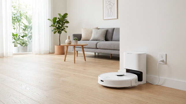 White robot vacuum cleaner on light wooden floor in modern living room.