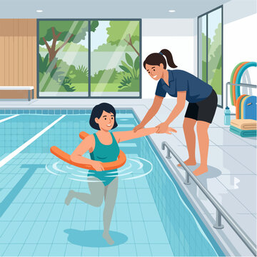 Aquatic therapy and physical rehabilitation concept. Patient exercising in pool with therapist. Flat design vector illustration