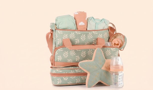 Packed diaper bag with baby essentials including diapers, bottle and clothing. Newborn care, parenting, maternity and hospital preparation concept.
