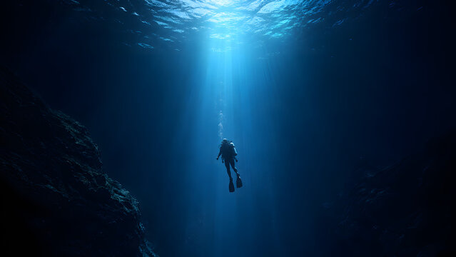 Lone Scuba Diver Exploring the Blue Abyss