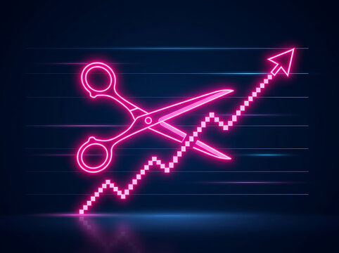 Neon glowing scissors cutting through an upward trending pixelated financial graph with scissors pixelated business financial metaphor strategy investment