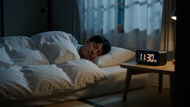 時計がある寝室で眠る男性