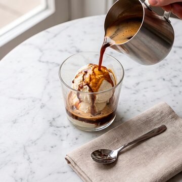 Fresh espresso poured over vanilla ice cream to prepare traditional Italian affogato dessert. Gourmet coffee and dessert concept.