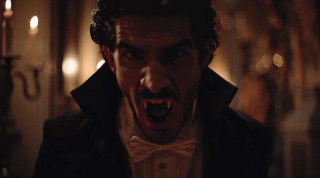 Fanged Menace: A chilling portrait of a vampire, his eyes gleam with predatory intent as fangs protrude from his open mouth, set against a dimly lit, antique backdrop.