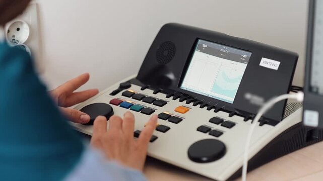 Testing hearing equipment in a clinic setting with a patient and audiologist present