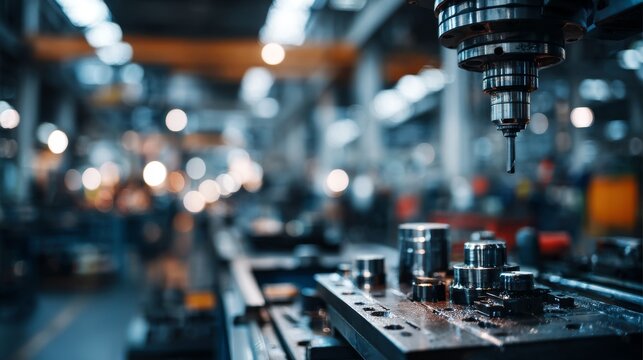 A detailed factory scene captures a metalworking machine in action, with blurry background elements of a manufacturing environment