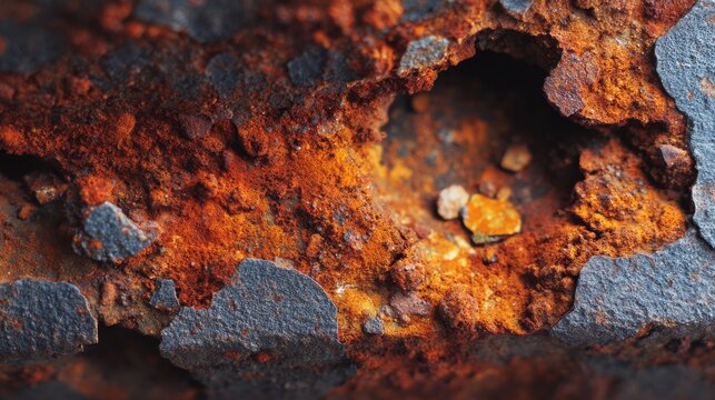 A macro shot of aged metal, revealing layers of rust, decay, and erosion. The texture is rough and intricate, with a vibrant color palette