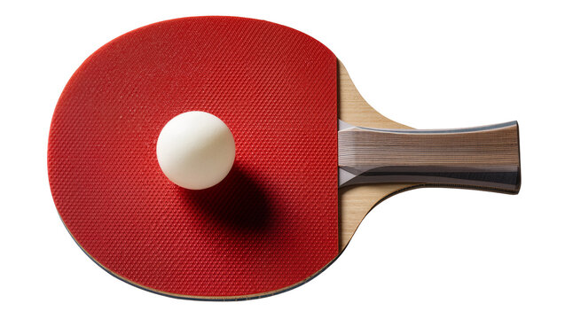 Red ping pong paddle with white ball, isolated on transparent background