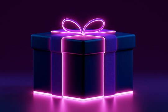Neon Gift Box with Glowing Ribbon on Dark Purple Background