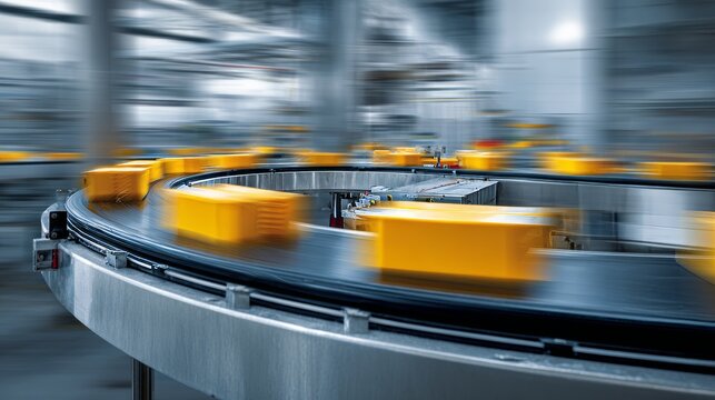 Boxes move quickly on a conveyor belt in an industrial setting, creating motion blur. Blue and yellow dominate