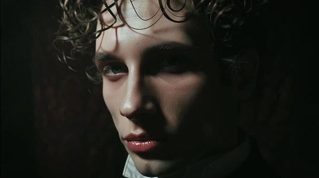Melancholy Gaze: A close-up portrait of a young man with striking features and curly hair, his eyes hold a deep, introspective sadness, set against a dark, dramatic background.