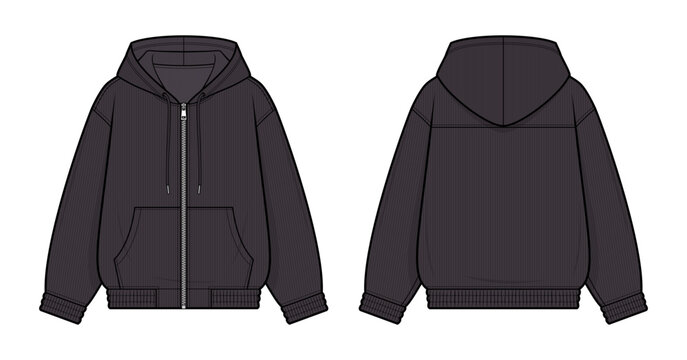 Solid Fill Hooded Jacket Technical Fashion Illustration. Concealed Zip Hoodie with Covered Placket, Kangaroo Pocket and Elasticized Cuffs. Front and Back View. Unisex Apparel. Corduroy. CAD Mockup Set