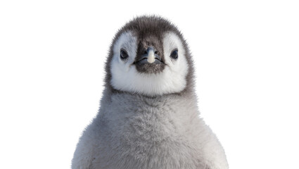 Fluffy grey emperor penguin chick looking forward, isolated on transparent background © Aliona