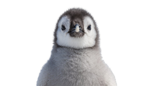Fluffy grey emperor penguin chick looking forward, isolated on transparent background