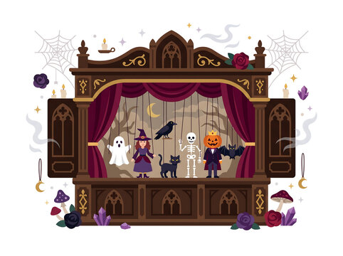 Vintage Halloween Puppet Theater Stage with Witch, Skeleton, Ghost, Pumpkin Head and Black Cat Flat Vector Illustration