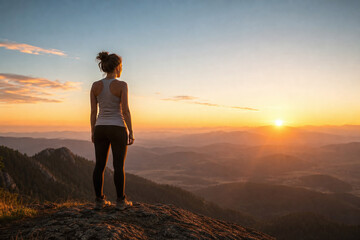 Obraz premium Woman Facing Dawn on Mountain Summit in Quiet Strength