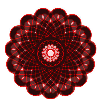 Mandala design features a complex circular pattern with dark red and maroon geometric layers.