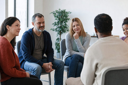 Warm peer support circle in a calm bright room
