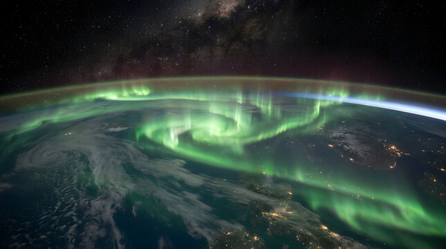 Stunning aurora borealis illuminates earth from space as milky way galaxy shines above planet.