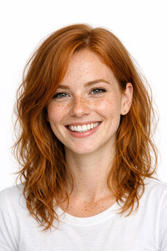 A young woman with long wavy red hair is smiling at the camera. She has freckles on her face and a friendly expression. The background of the photo is plain and does not distract from the subject.