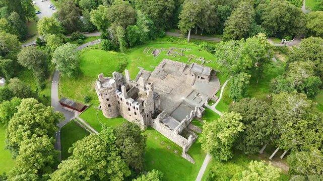 Huntly Castle Historic Monument Scotland UK, Well Preserved Medieval Fortress Dating to the 12th Century, Cinematic Drone Footage
