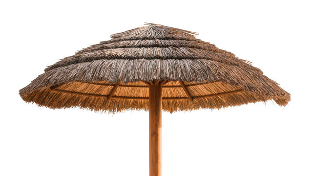 Natural straw beach umbrella with wooden pole, isolated on transparent background