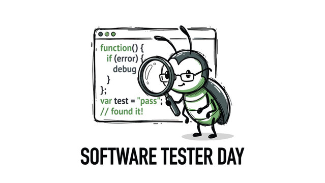 Software Testing Concept with Cartoon Beetle Looking at Code