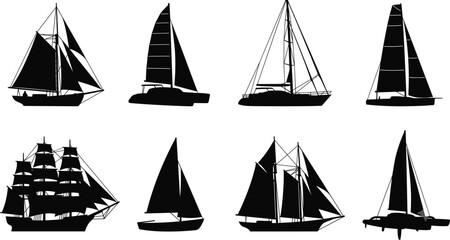Collection of sailing ships, sailboats, and marine yachts black silhouettes vector illustration on white background © Mst