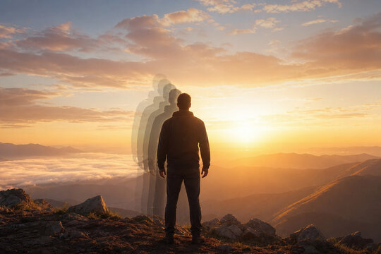 Translucent selves align in warm mountain sunrise