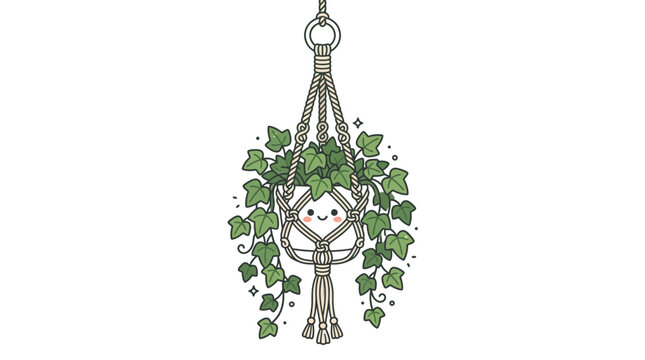 Cute hanging plant with happy face in macrame holder