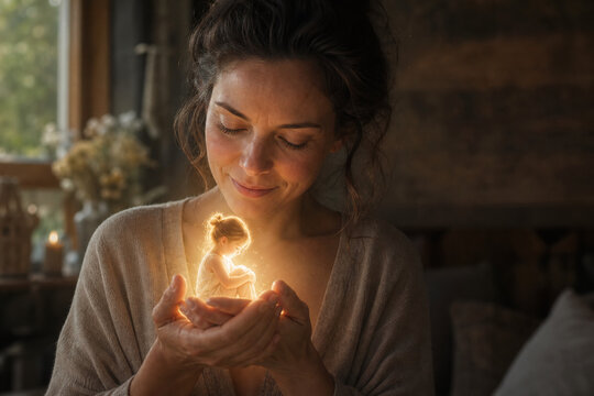 Woman Cradling Glowing Inner Child With Compassion