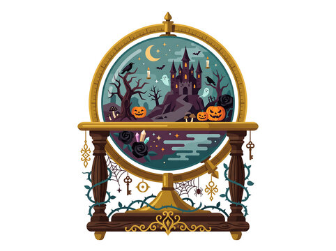 Halloween Haunted Castle in Antique Crystal Globe with Pumpkins, Ghosts and Ravens Flat Vector Illustration