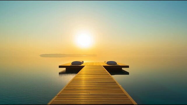 Sunset wooden jetty with cushions on calm water reflecting golden light peaceful horizon reflection