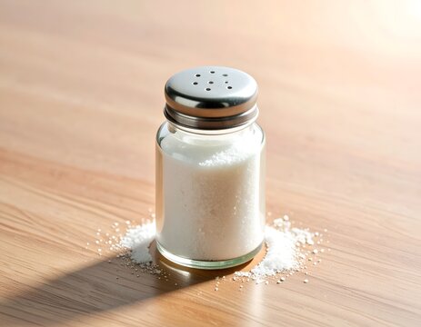 Glass salt shaker with spilled salt on a wooden table surface for culinary use