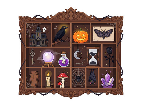 Vintage Halloween Curio Cabinet with Haunted Objects, Crystal Ball, Raven, Pumpkin and Mystical Collection Flat Vector Illustration