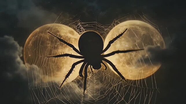 Spider silhouette between moons in cloudy night sky spooky halloween