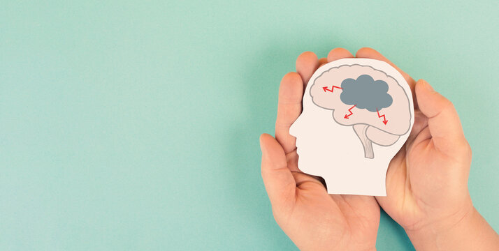 Epilepsy, migraine headache seizure attack, alzheimer or tumor in brain, mind with burnout and stress, dark cloud with lightning