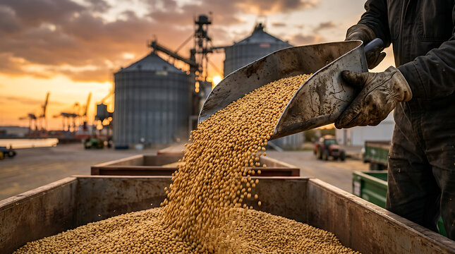Farmer pouring golden corn harvest at a grain silo facility