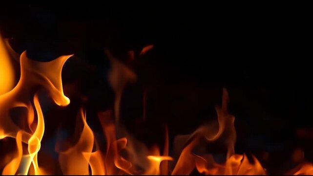Burning orange flame dance glowing embers on dark background with dramatic fire motion