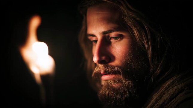 A Solemn Journey: A man with long hair and a beard holds a flickering torch, his face etched with deep contemplation as he navigates through the darkness, perhaps on a quest or a spiritual path.