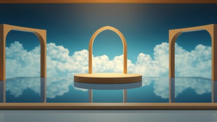 Fototapeta premium Minimalist stage design. Circular platforms, arched doorways, reflective surface, blue sky, fluffy clouds. Dramatic lighting creates serene atmosphere.