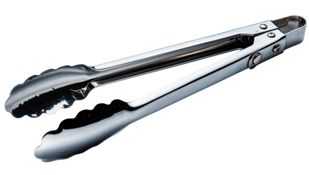 Shiny stainless steel kitchen tongs with scalloped gripping ends, isolated on transparent background