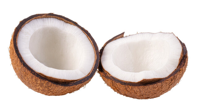 Two halves of a ripe coconut with white flesh, isolated on transparent background